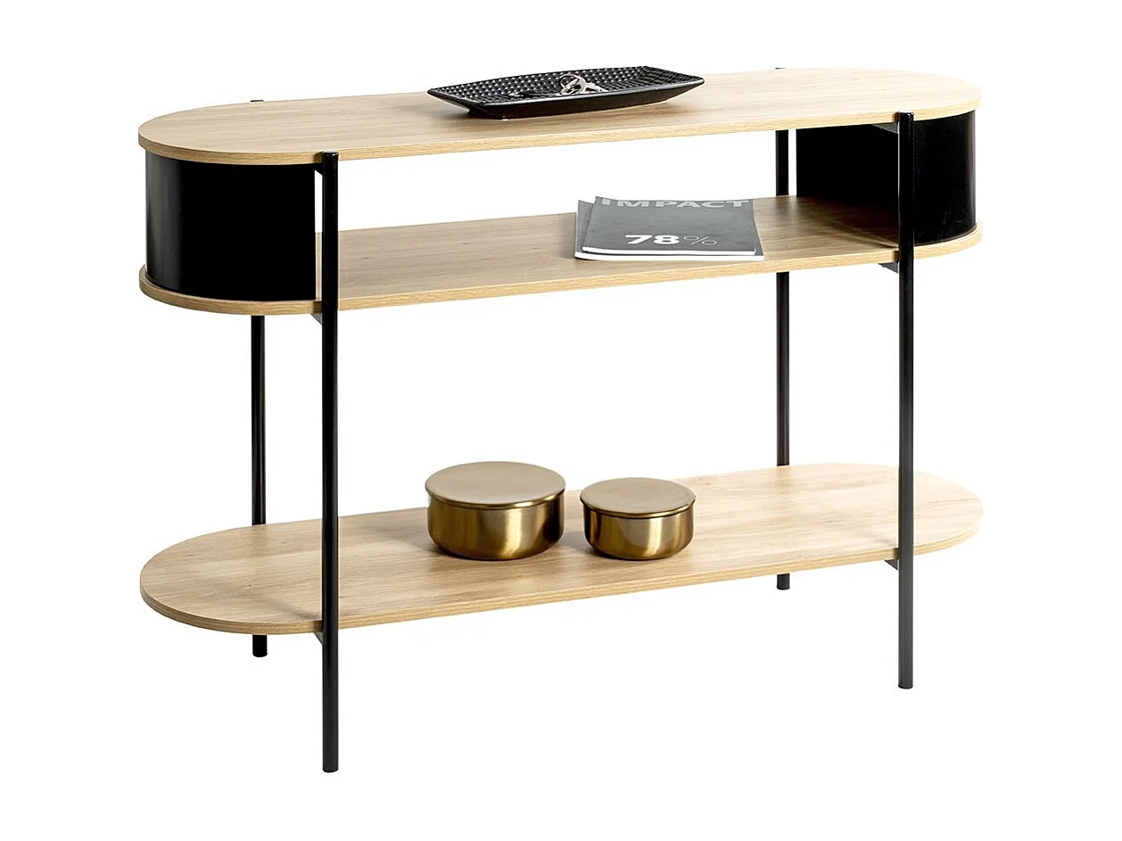 Table console meuble salon coloris chêne/Noir - Longueur 110 x Hauteur 76 x Profondeur 39 cm