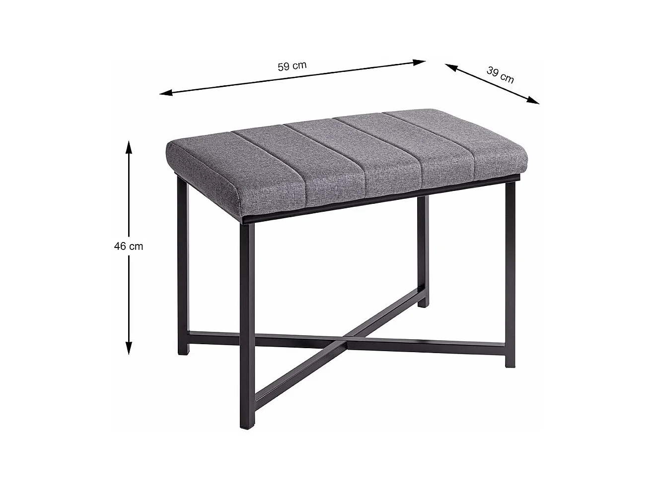 Banc avec siège rembouré gris et cadre en métal Noir - Longueur 59 x Hauteur 46 x Profondeur 39cm