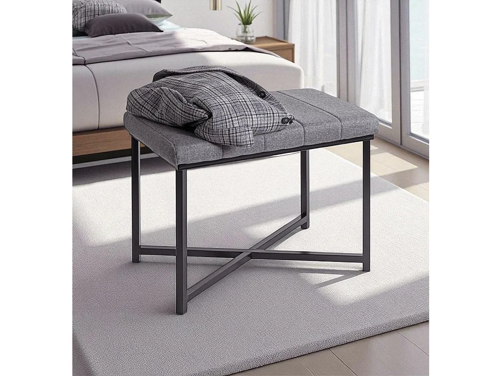 Banc avec siège rembouré gris et cadre en métal Noir - Longueur 59 x Hauteur 46 x Profondeur 39cm