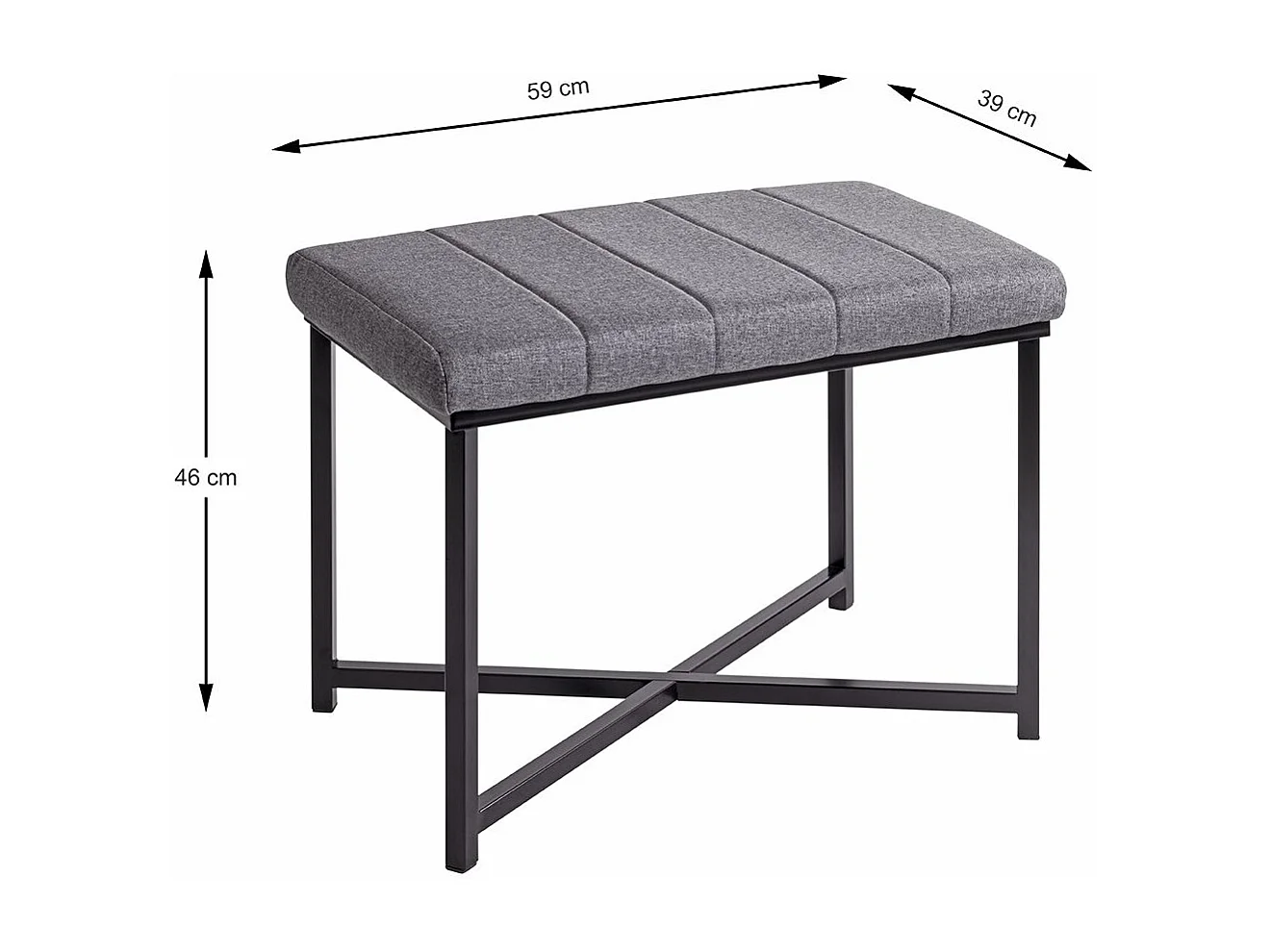 Banc avec siège rembouré gris et cadre en métal Noir - Longueur 59 x Hauteur 46 x Profondeur 39cm