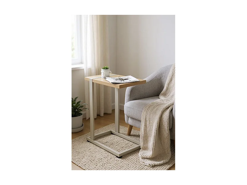 Table d'appoint étagère coloris Chêne naturel et métal gris - Longueur 24 x Profondeur 49 x Hauteur 64 cm