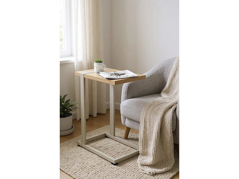 Table d'appoint étagère coloris Chêne naturel et métal gris - Longueur 24 x Profondeur 49 x Hauteur 64 cm