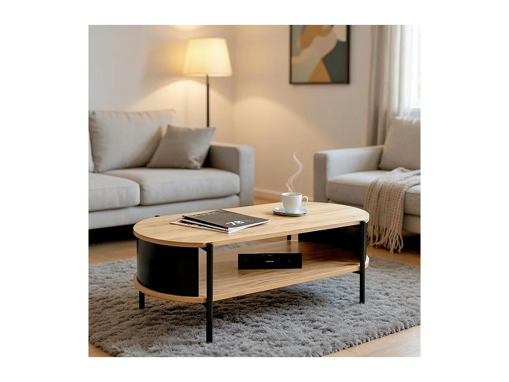 Table basse coloris Chêne/Noir- Longueur 100 x Hauteur 37 x Profondeur 54 cm
