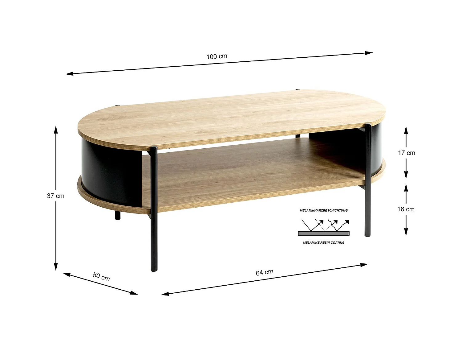 Table basse coloris Chêne/Noir- Longueur 100 x Hauteur 37 x Profondeur 54 cm