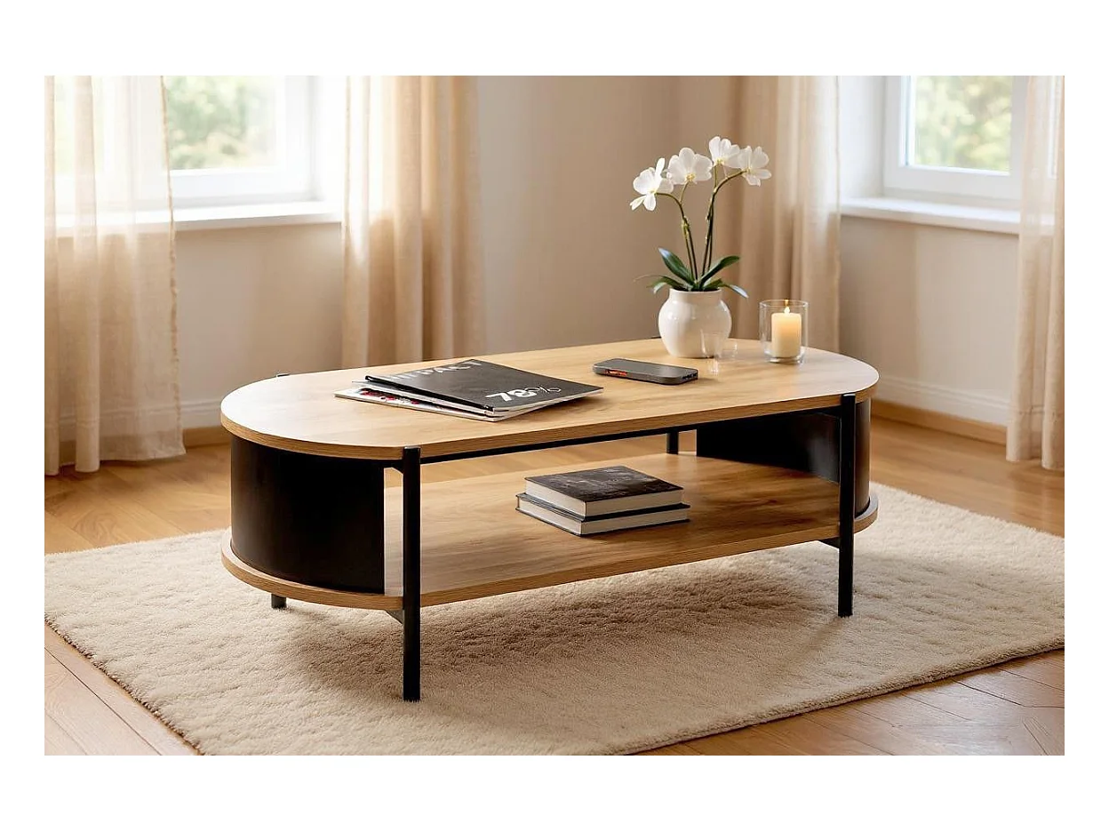 Table basse coloris Chêne/Noir- Longueur 100 x Hauteur 37 x Profondeur 54 cm