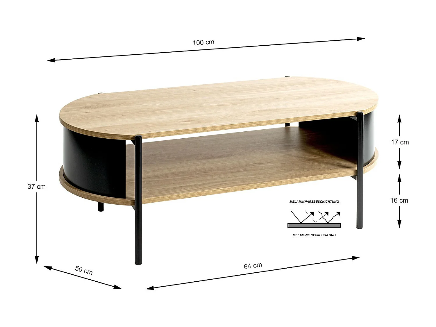 Table basse coloris Chêne/Noir- Longueur 100 x Hauteur 37 x Profondeur 54 cm