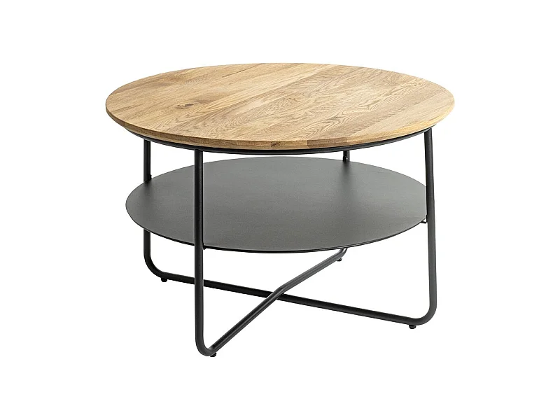 Table basse ronde table séjour et salon coloris chêne et métal en noir - Diamètre 70 x Hauteur 45 cm