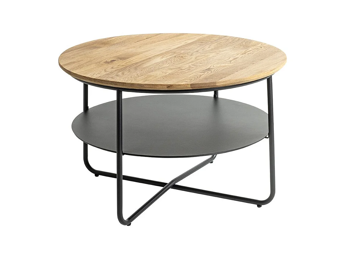 Table basse ronde table séjour et salon coloris chêne et métal en noir - Diamètre 70 x Hauteur 45 cm