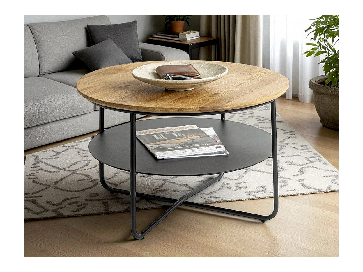 Table basse ronde table séjour et salon coloris chêne et métal en noir - Diamètre 70 x Hauteur 45 cm