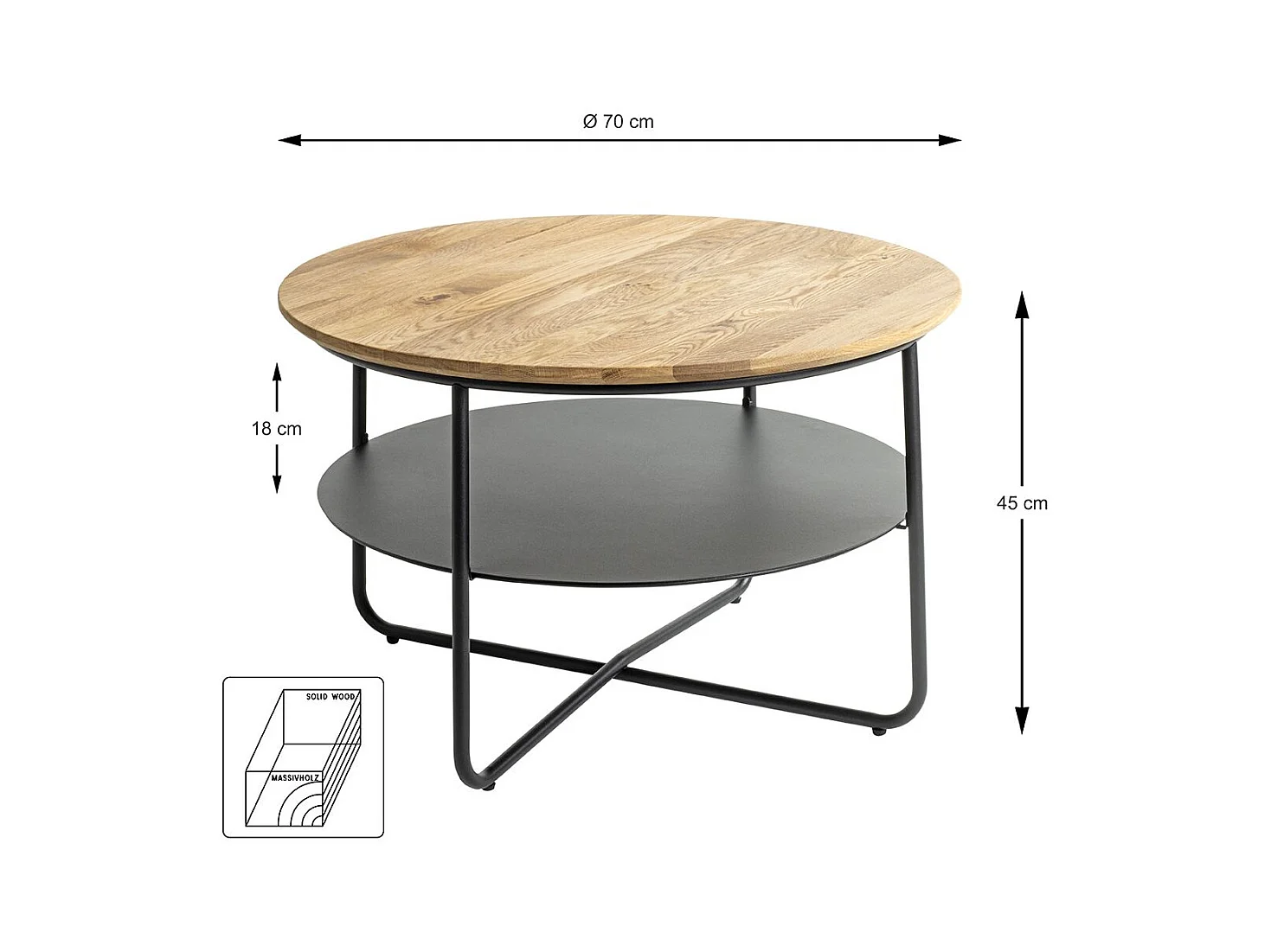 Table basse ronde table séjour et salon coloris chêne et métal en noir - Diamètre 70 x Hauteur 45 cm