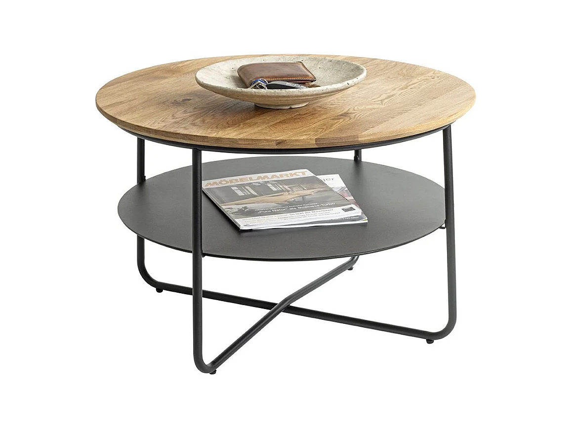 Table basse ronde table séjour et salon coloris chêne et métal en noir - Diamètre 70 x Hauteur 45 cm