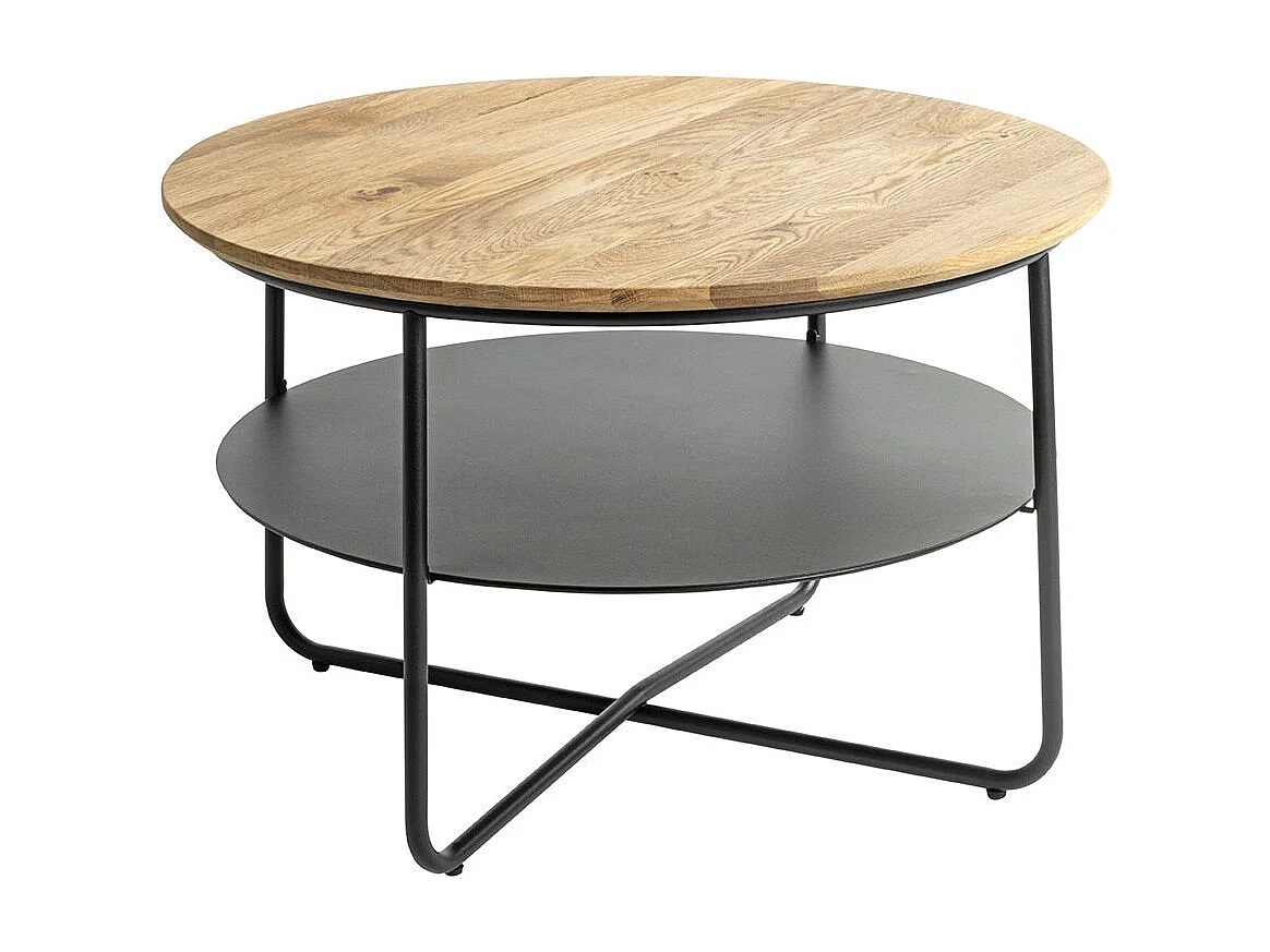 Table basse ronde table séjour et salon coloris chêne et métal en noir - Diamètre 70 x Hauteur 45 cm