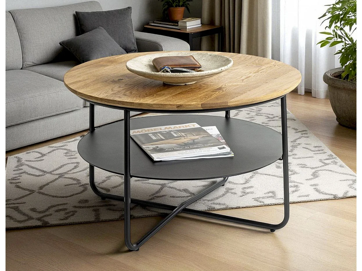 Table basse ronde table séjour et salon coloris chêne et métal en noir - Diamètre 70 x Hauteur 45 cm