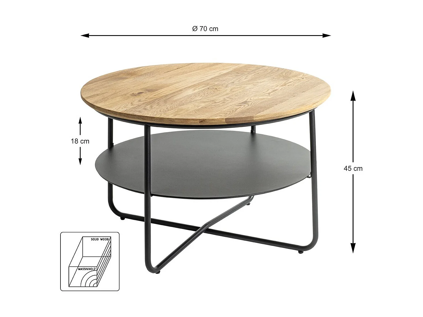 Table basse ronde table séjour et salon coloris chêne et métal en noir - Diamètre 70 x Hauteur 45 cm
