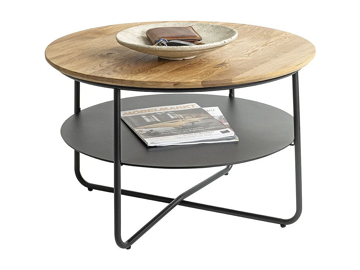 Table basse ronde table séjour et salon coloris chêne et métal en noir - Diamètre 70 x Hauteur 45 cm