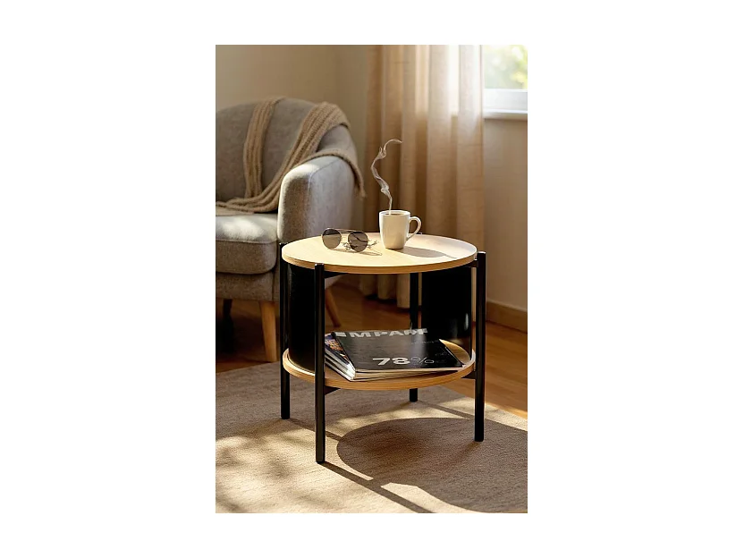 Table d'appoint Table basse coloris Chêne/Noir - Diamètre 44 x Hauteur 44 cm