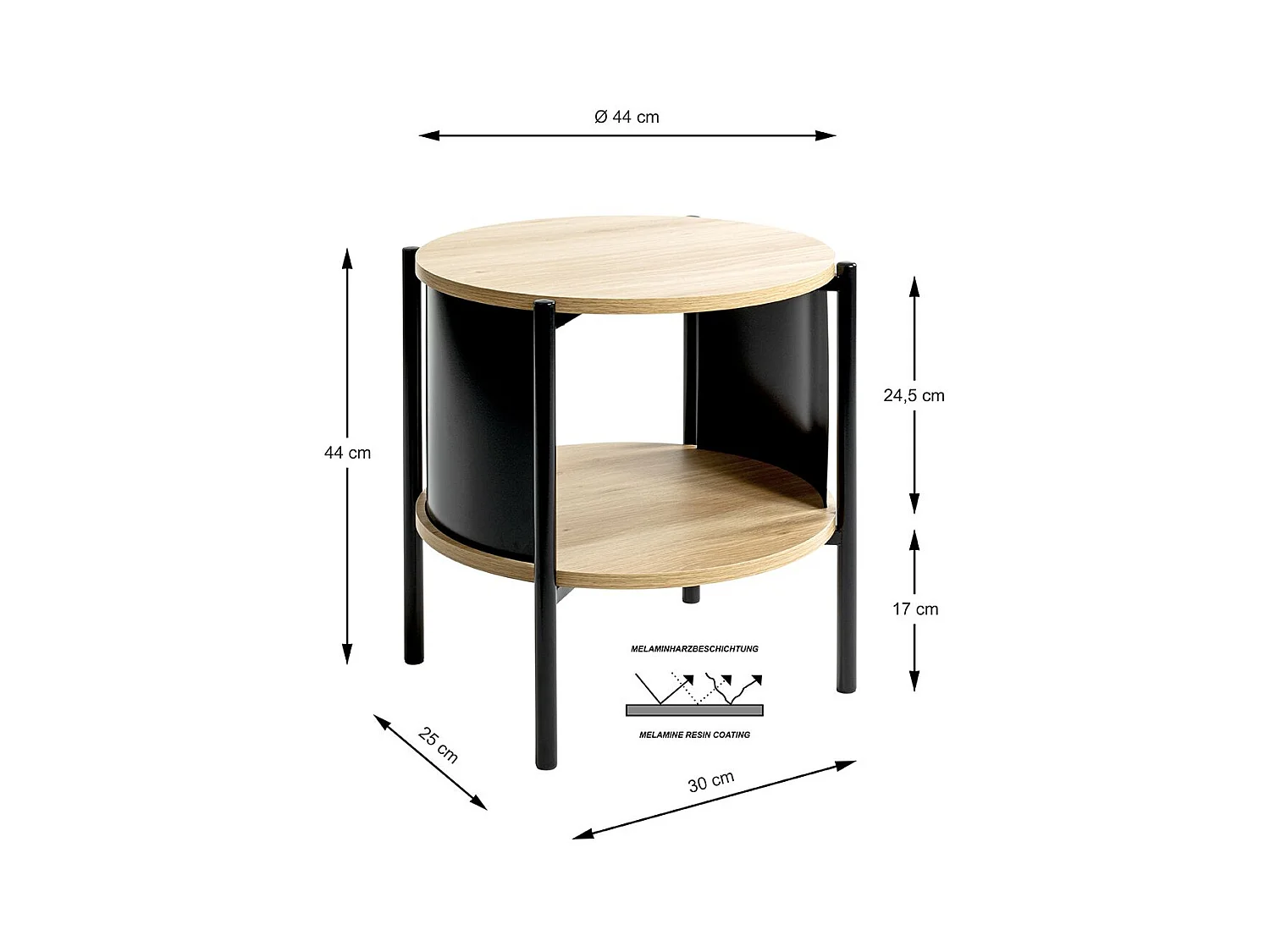 Table d'appoint Table basse coloris Chêne/Noir - Diamètre 44 x Hauteur 44 cm