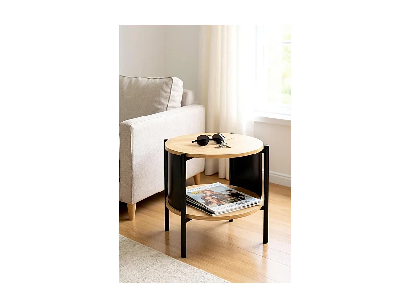 Table d'appoint Table basse coloris Chêne/Noir - Diamètre 44 x Hauteur 44 cm