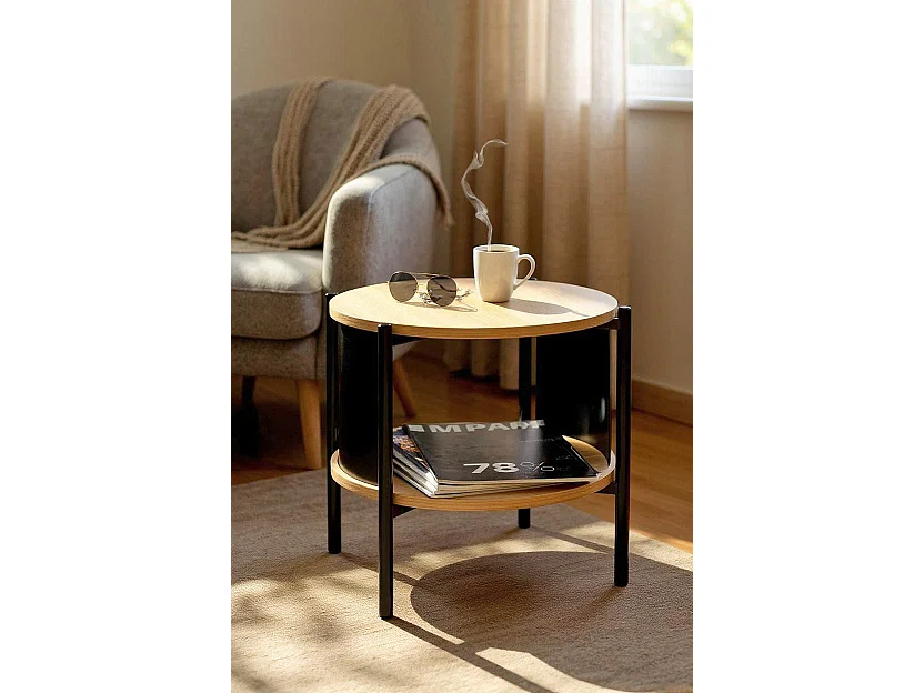 Table d'appoint Table basse coloris Chêne/Noir - Diamètre 44 x Hauteur 44 cm