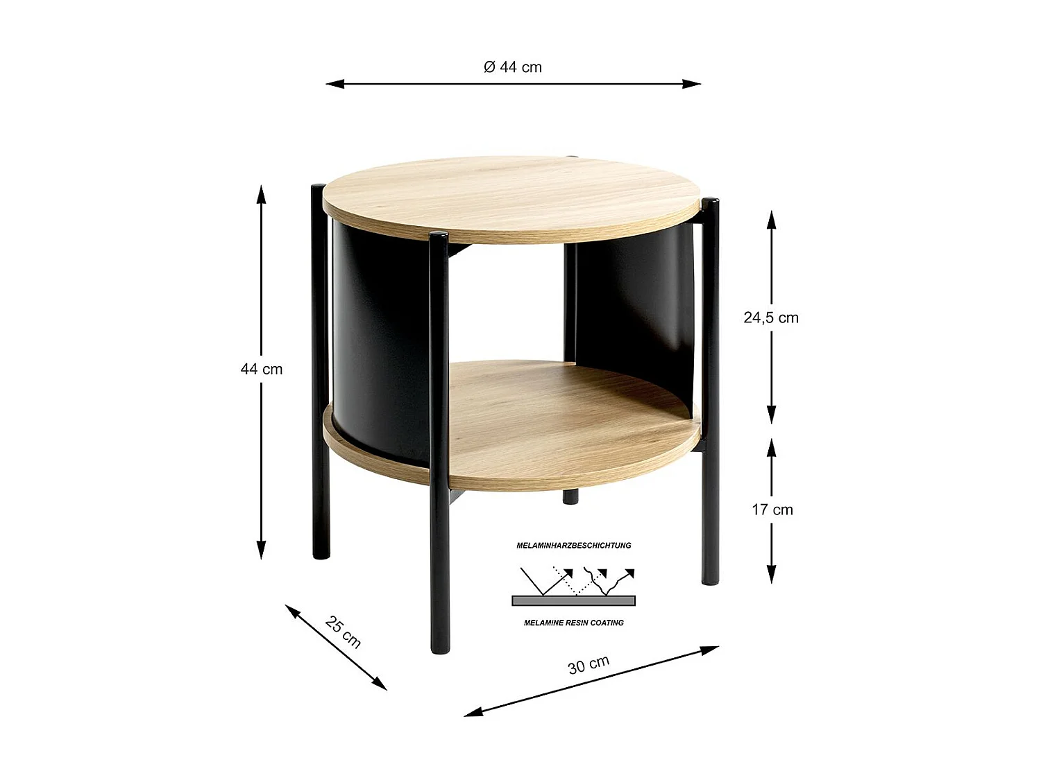 Table d'appoint Table basse coloris Chêne/Noir - Diamètre 44 x Hauteur 44 cm
