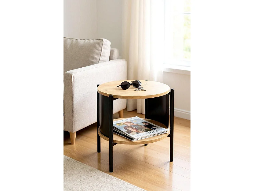 Table d'appoint Table basse coloris Chêne/Noir - Diamètre 44 x Hauteur 44 cm