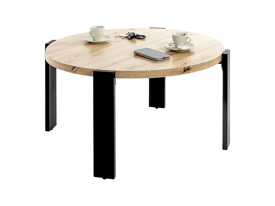 Table basse ronde coloris chêne et métal noir - Diamètre 75 x Hauteur 42 cm