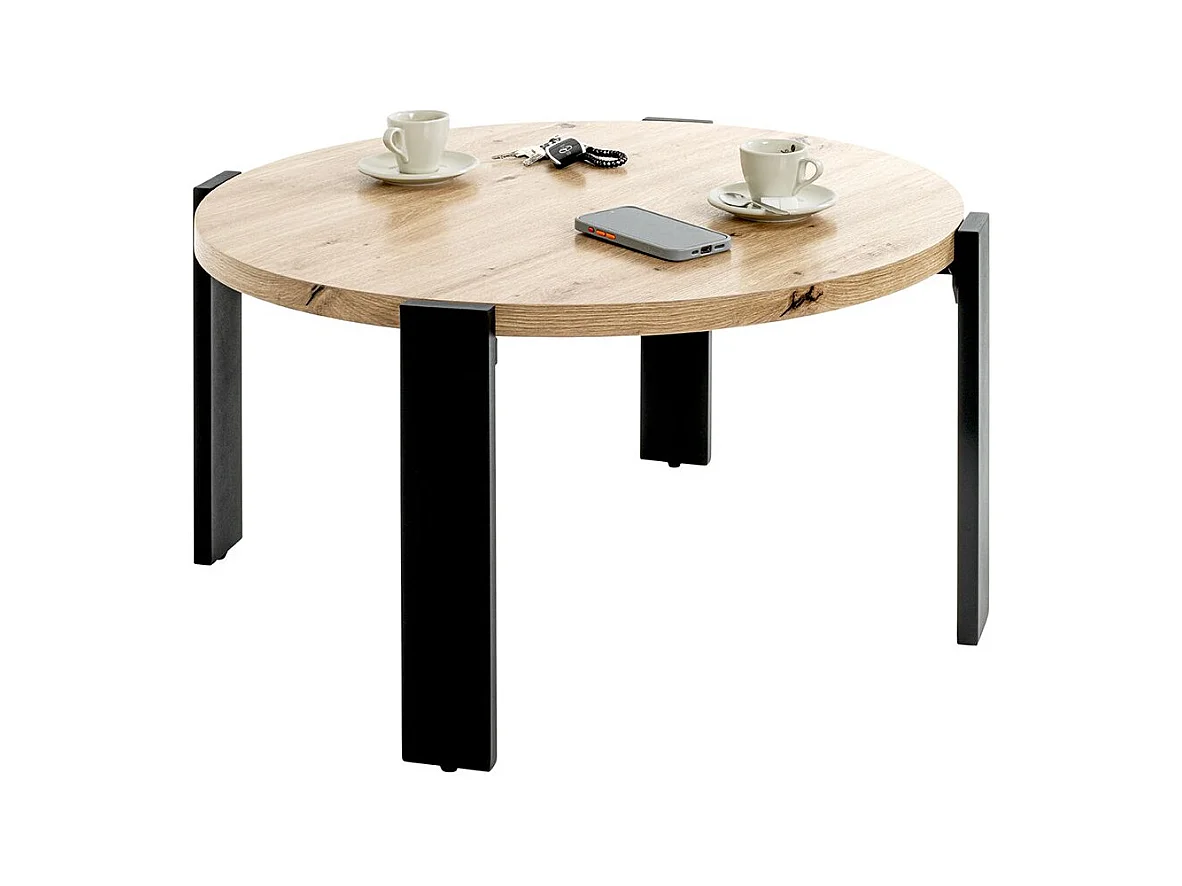 Table basse ronde coloris chêne et métal noir - Diamètre 75 x Hauteur 42 cm