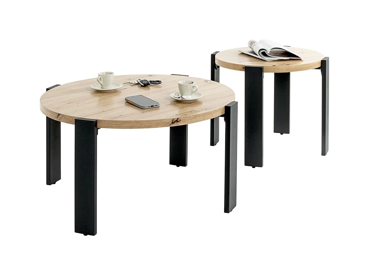 Table basse ronde coloris chêne et métal noir - Diamètre 75 x Hauteur 42 cm