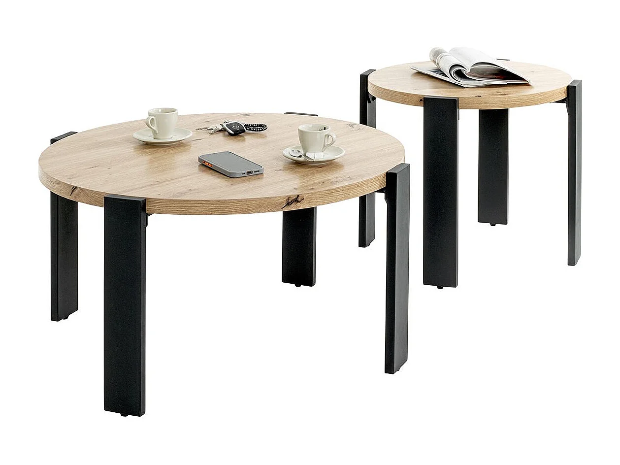 Table basse ronde coloris chêne et métal noir - Diamètre 75 x Hauteur 42 cm