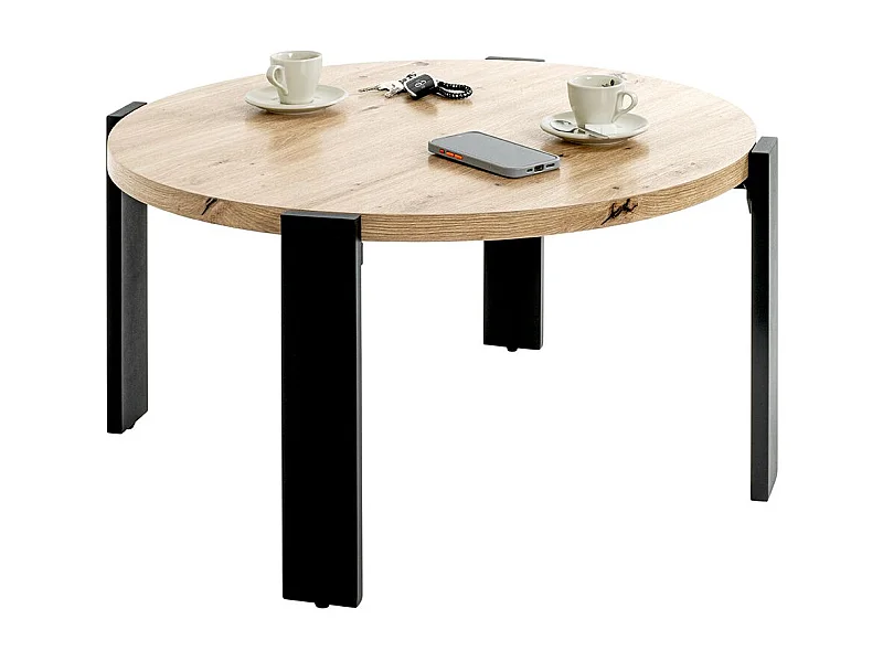 Table basse ronde coloris chêne et métal noir - Diamètre 75 x Hauteur 42 cm