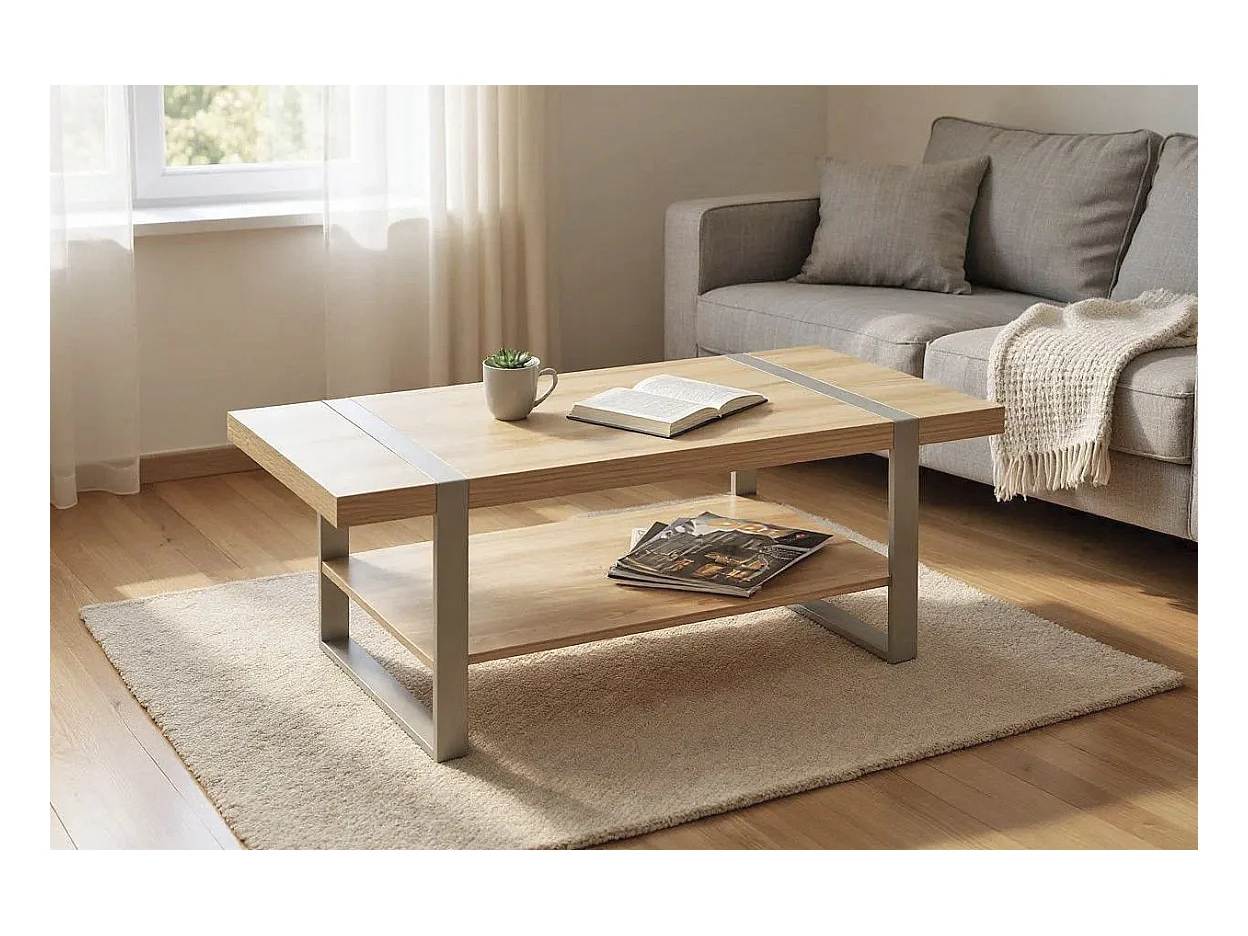 Table basse coloris Chêne naturel et métal gris - Longueur 120 x Profondeur 60 x Hauteur 45 cm