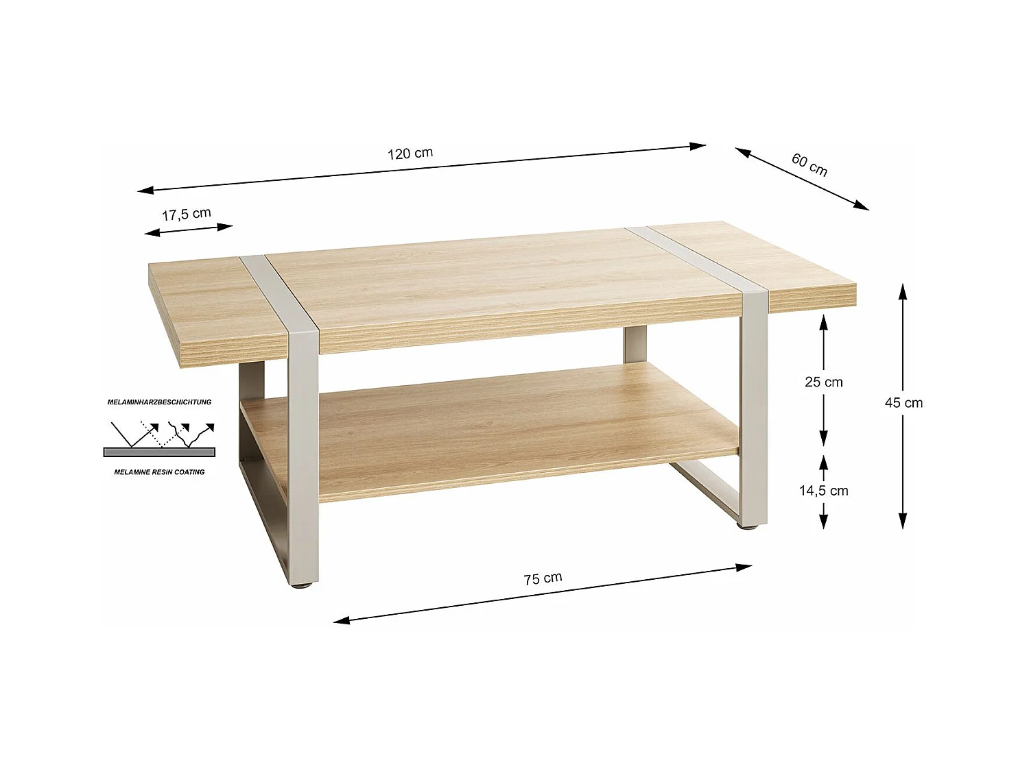 Table basse coloris Chêne naturel et métal gris - Longueur 120 x Profondeur 60 x Hauteur 45 cm