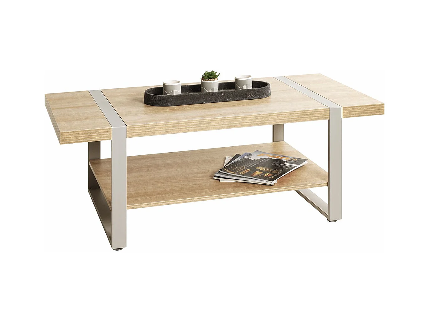 Table basse coloris Chêne naturel et métal gris - Longueur 120 x Profondeur 60 x Hauteur 45 cm