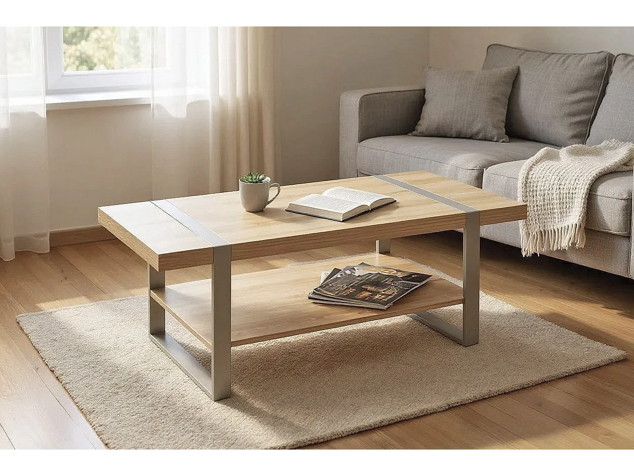 Table basse coloris Chêne naturel et métal gris - Longueur 120 x Profondeur 60 x Hauteur 45 cm