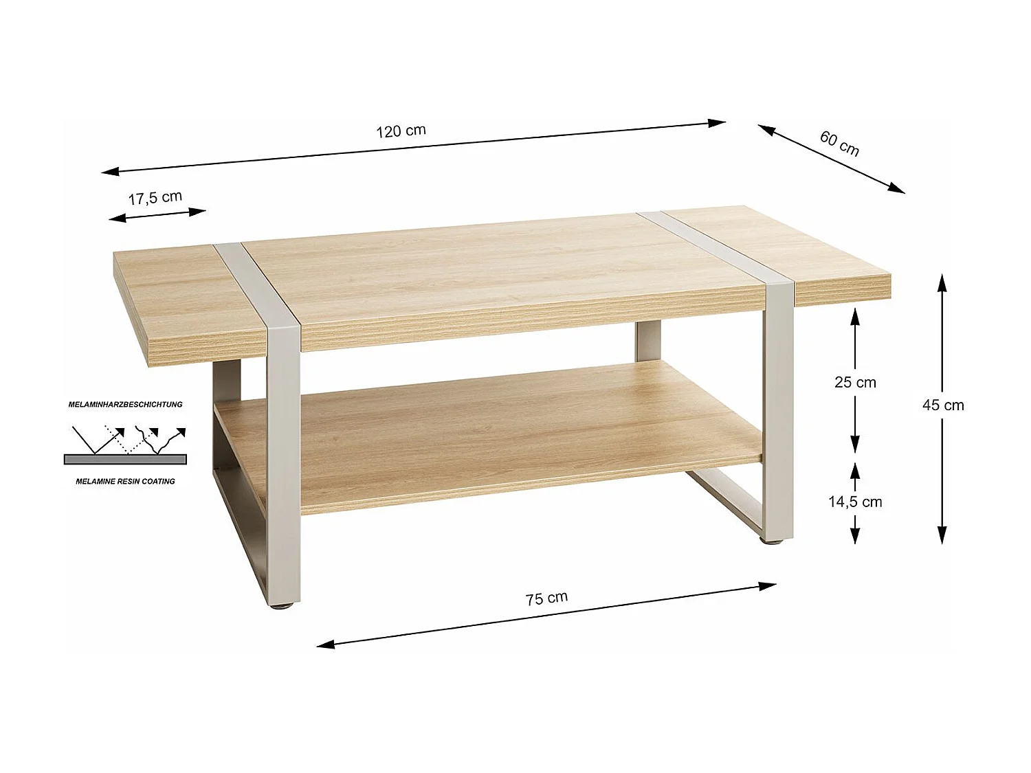 Table basse coloris Chêne naturel et métal gris - Longueur 120 x Profondeur 60 x Hauteur 45 cm
