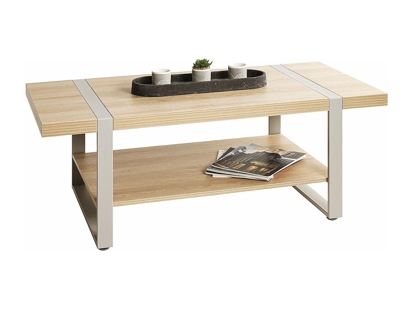 Table basse coloris Chêne naturel et métal gris - Longueur 120 x Profondeur 60 x Hauteur 45 cm