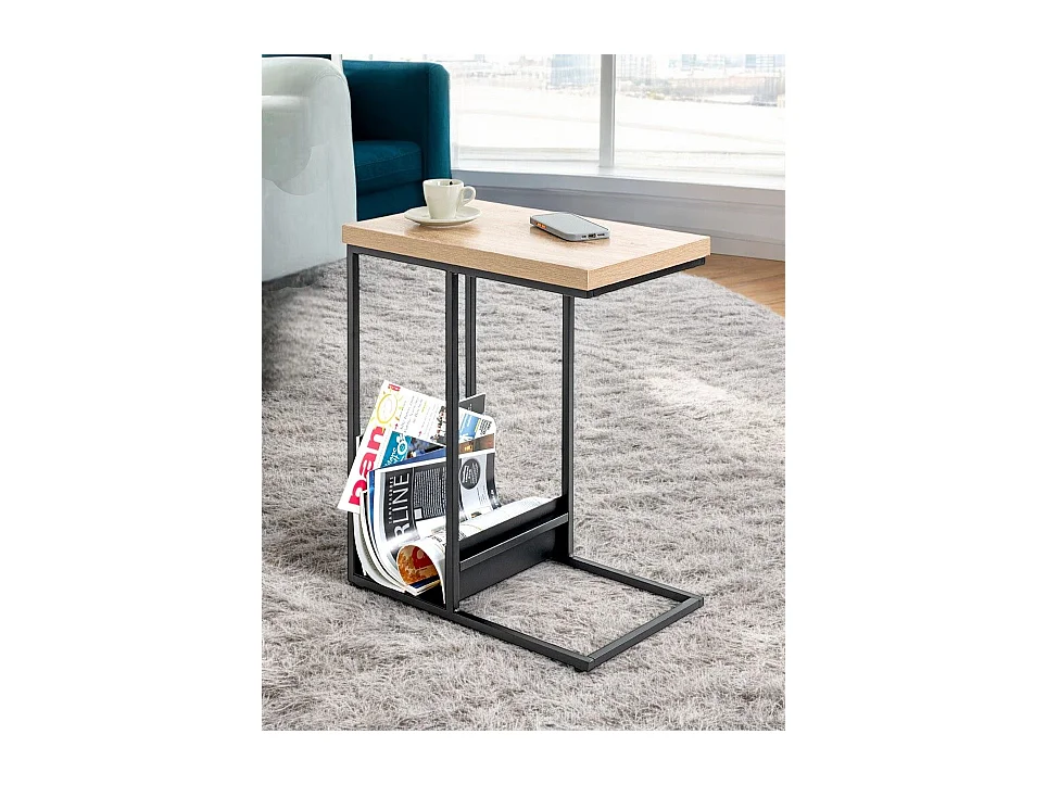 Table d'appoint avec porte-revue integré coloris chêne / noir - Longueur 50 x Profondeur 30 x Hauteur 60 cm
