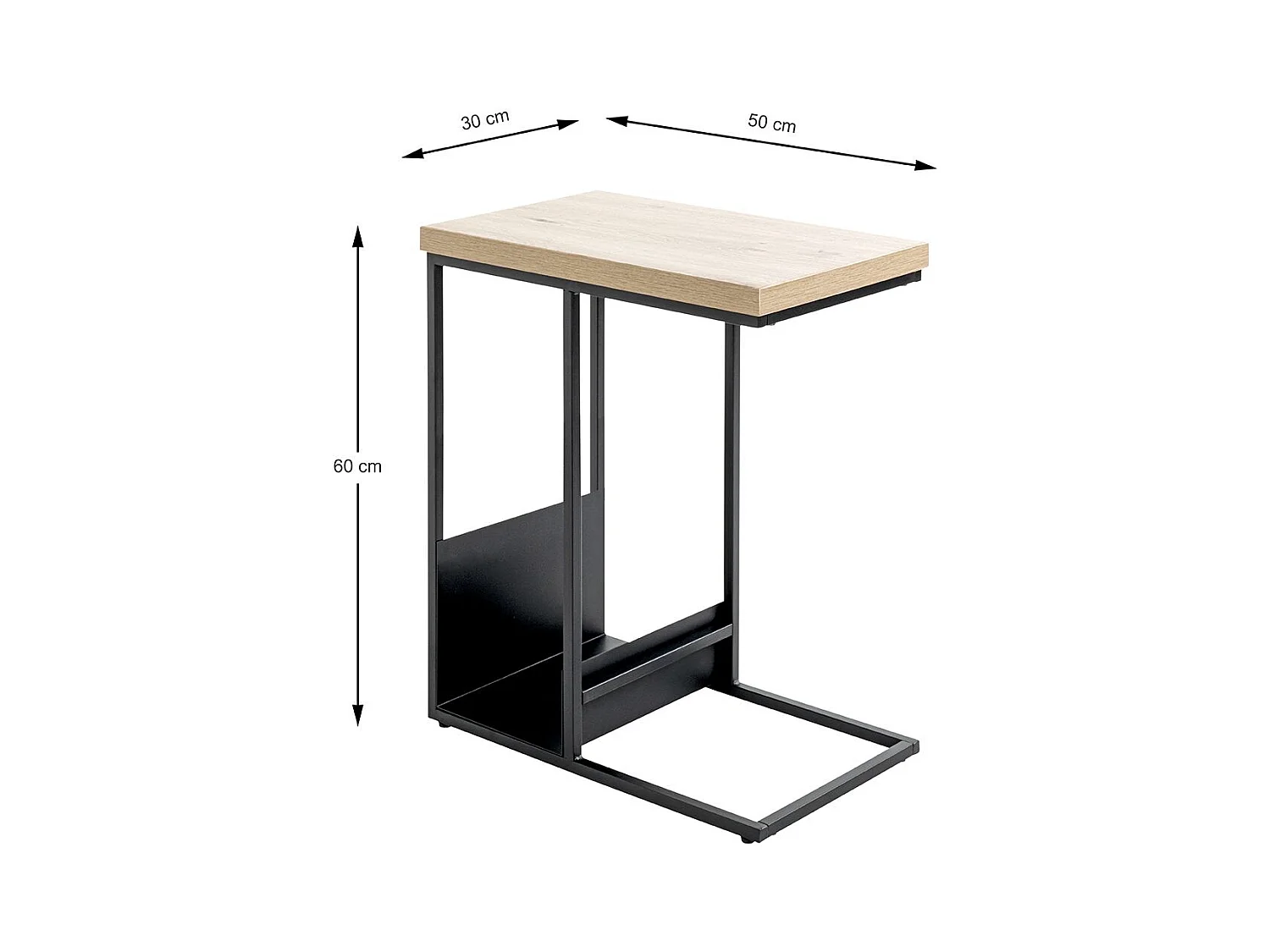 Table d'appoint avec porte-revue integré coloris chêne / noir - Longueur 50 x Profondeur 30 x Hauteur 60 cm