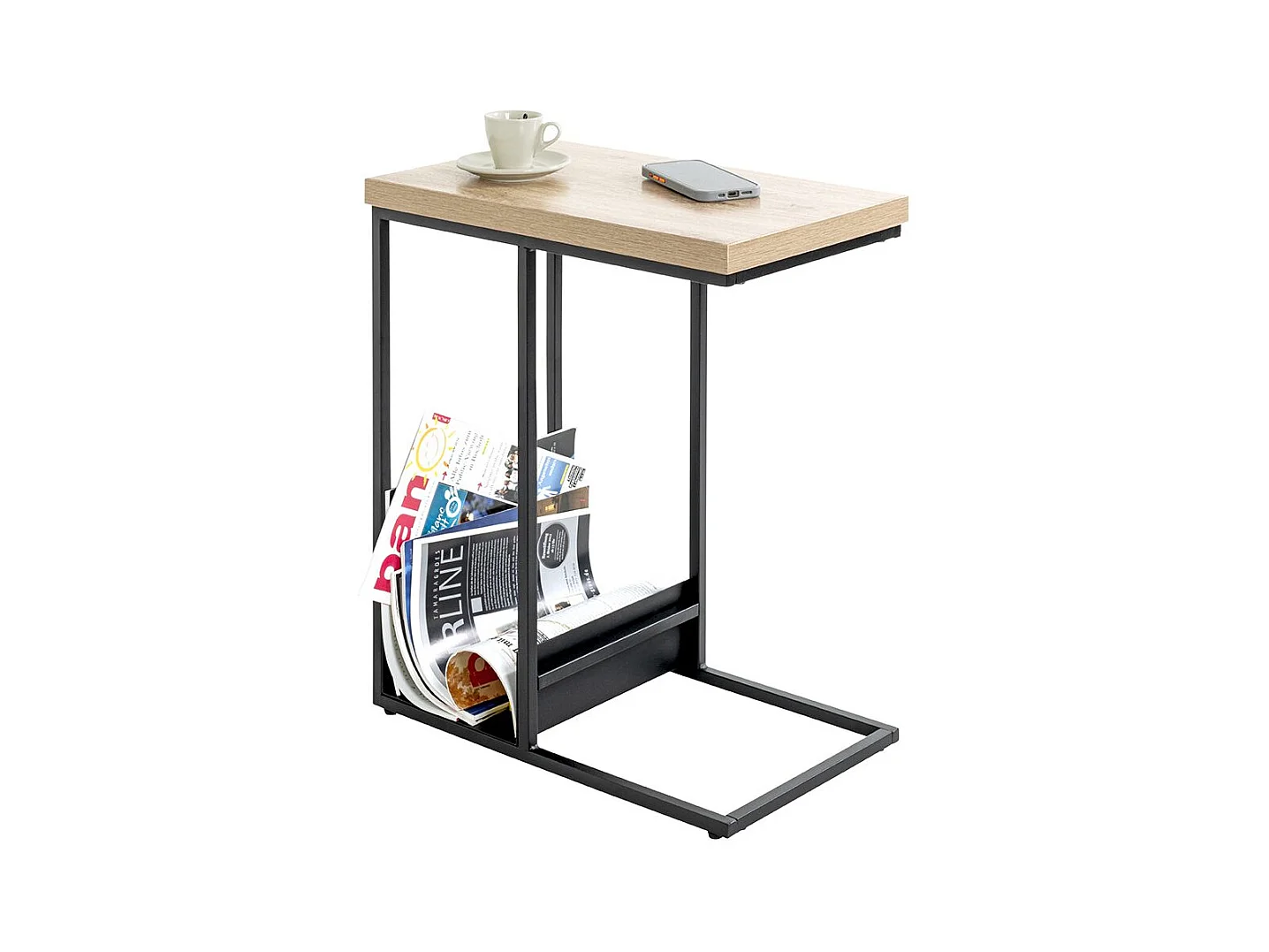 Table d'appoint avec porte-revue integré coloris chêne / noir - Longueur 50 x Profondeur 30 x Hauteur 60 cm