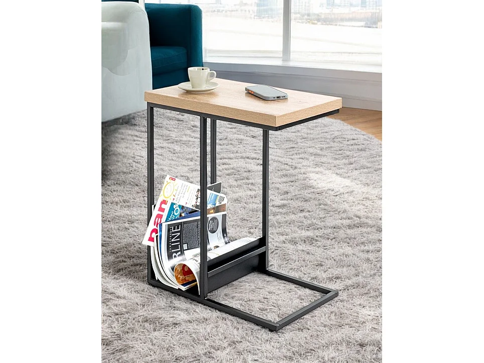 Table d'appoint avec porte-revue integré coloris chêne / noir - Longueur 50 x Profondeur 30 x Hauteur 60 cm