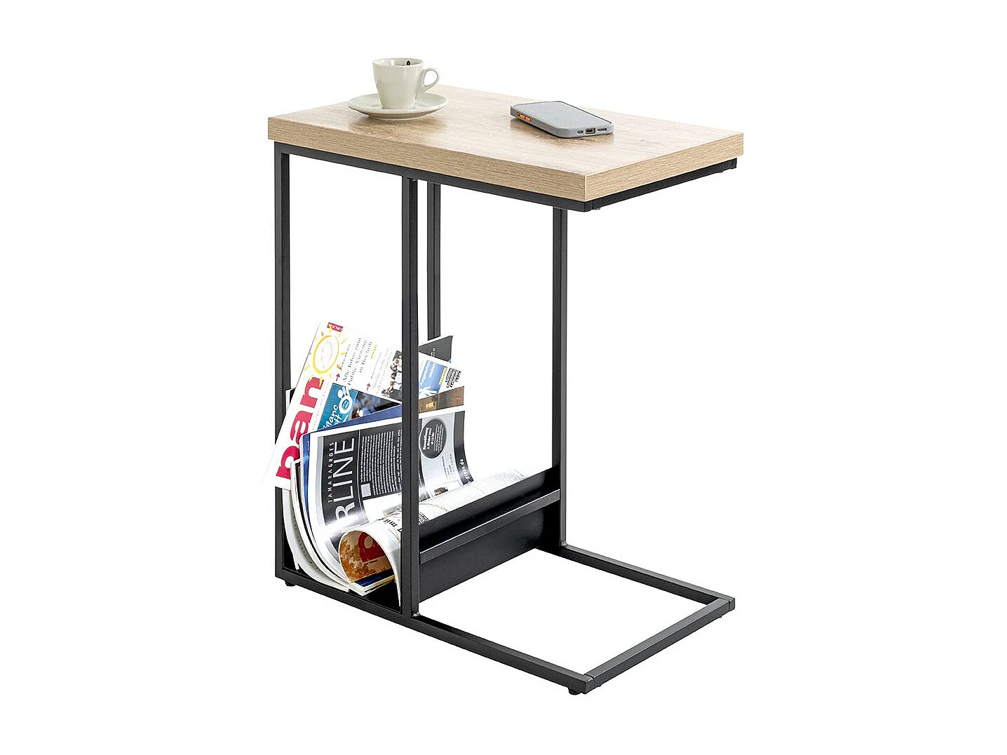 Table d'appoint avec porte-revue integré coloris chêne / noir - Longueur 50 x Profondeur 30 x Hauteur 60 cm