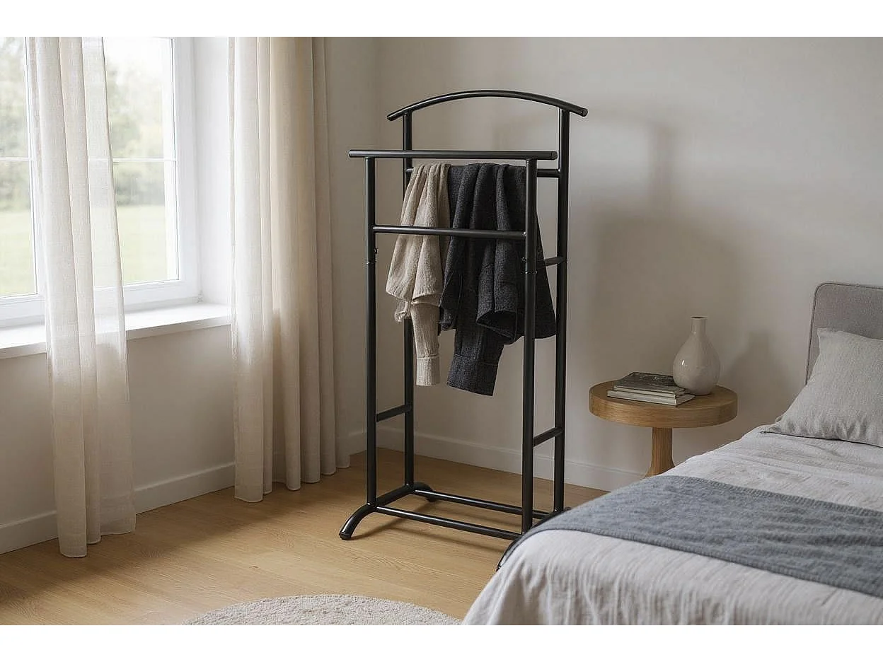 Valet de nuit double en métal Noir - Longueur 48 x Hauteur 107 x Profondeur 36 cm