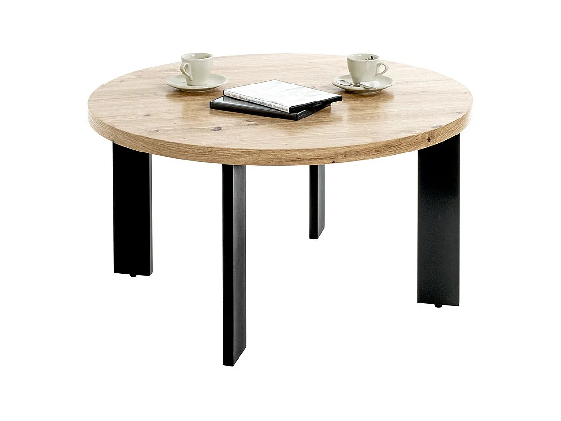 Table ronde Table basse coloris chêne et métal noir - Diamètre 75 x Hauteur 42 cm