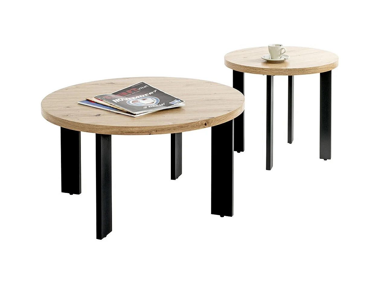 Table ronde Table basse coloris chêne et métal noir - Diamètre 75 x Hauteur 42 cm