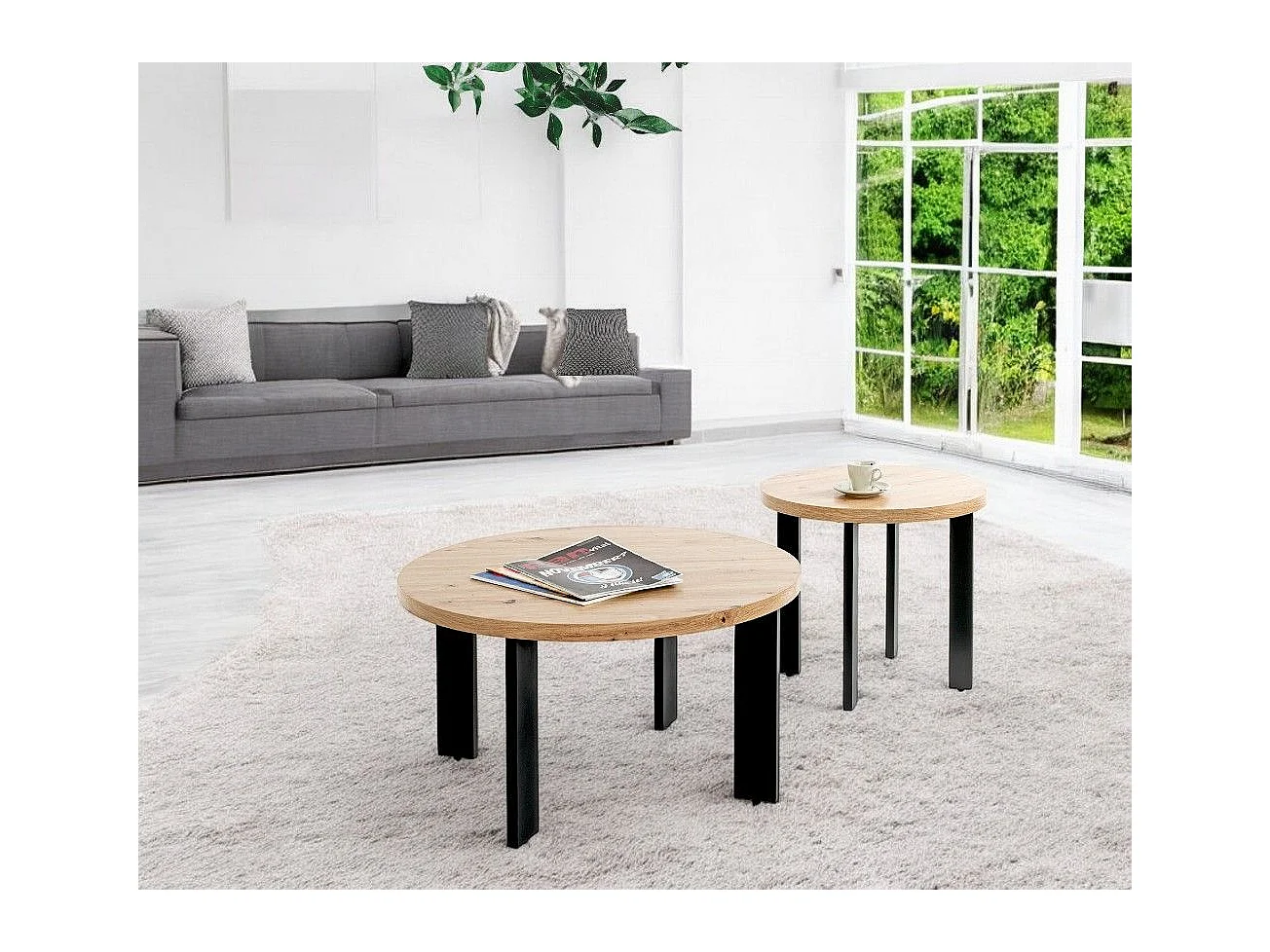 Table ronde Table basse coloris chêne et métal noir - Diamètre 75 x Hauteur 42 cm