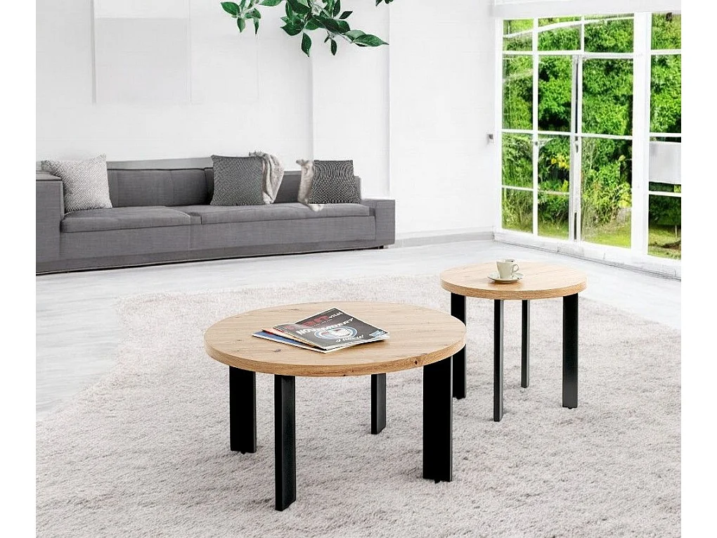 Table ronde Table basse coloris chêne et métal noir - Diamètre 75 x Hauteur 42 cm