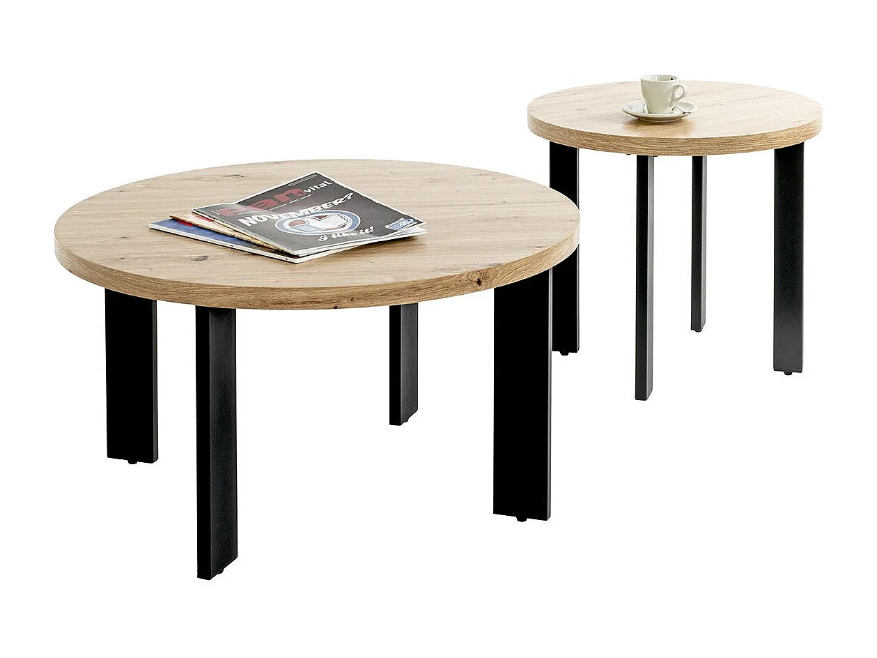 Table ronde Table basse coloris chêne et métal noir - Diamètre 75 x Hauteur 42 cm