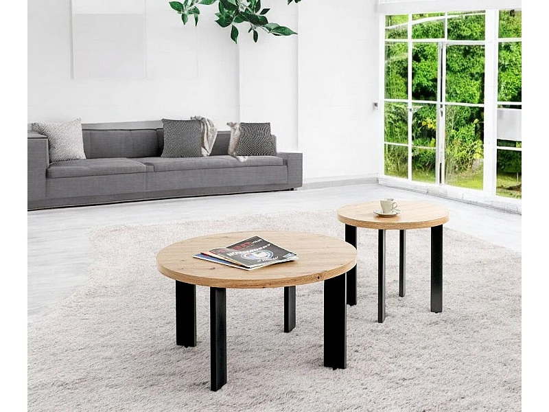 Table ronde Table basse coloris chêne et métal noir - Diamètre 75 x Hauteur 42 cm