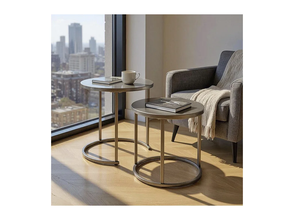 Lot de 2 tables d'appoint rondes table basse en métal coloris gris/noir