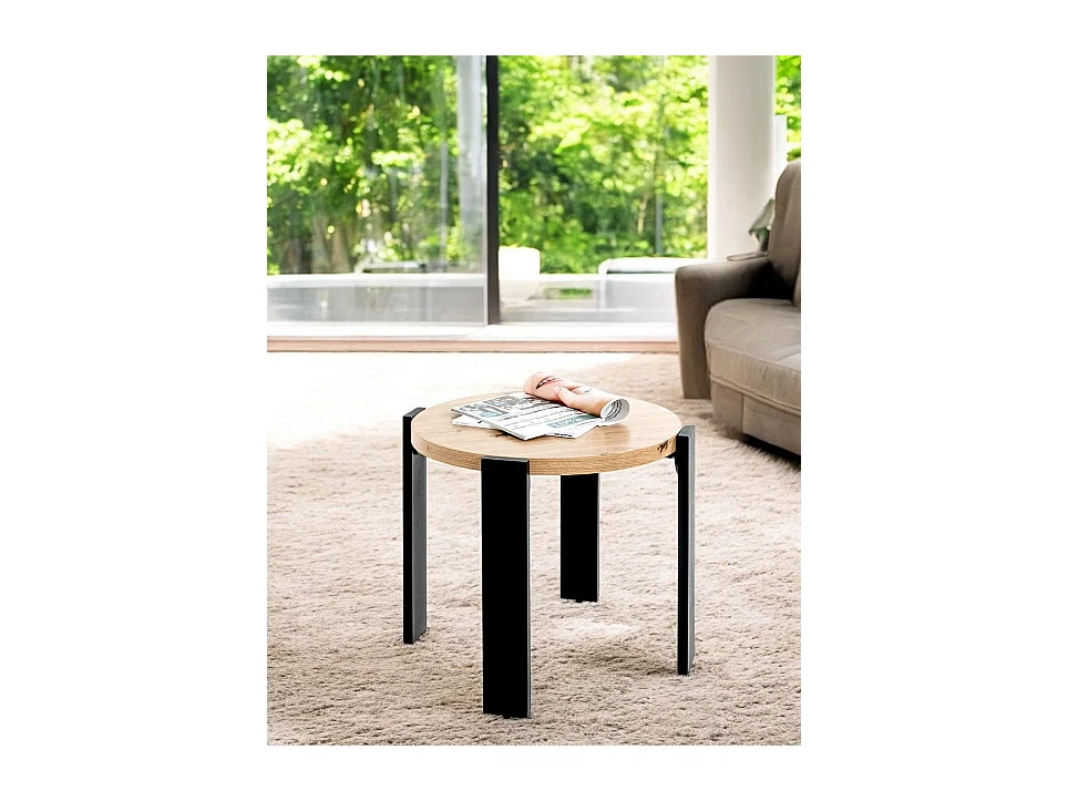 Table basse ronde coloris chêne et métal noir - Diamètre 50 x Hauteur 46 cm